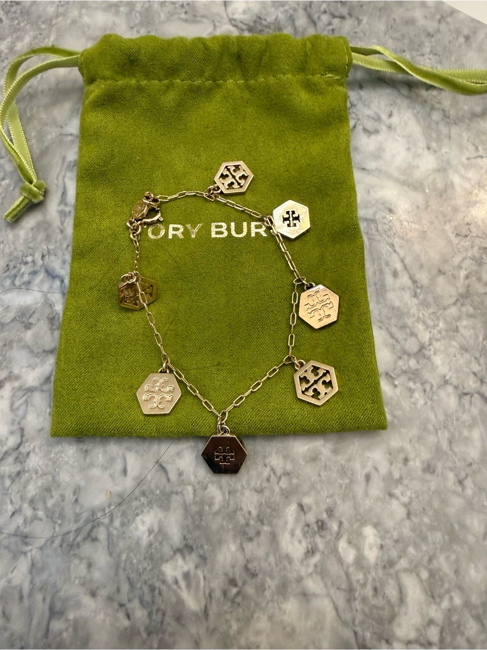 Tory Burch Gold Hexagon Charm Chain Bracelet on Green Pouch